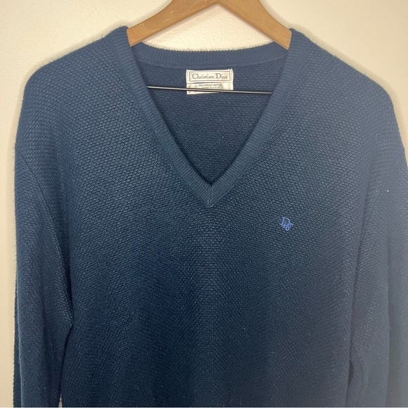 Christian Dior 100% Orlon Acrylic Sweater Men's Size XL Navy V Neck Knit Vintage - Picture 2 of 7